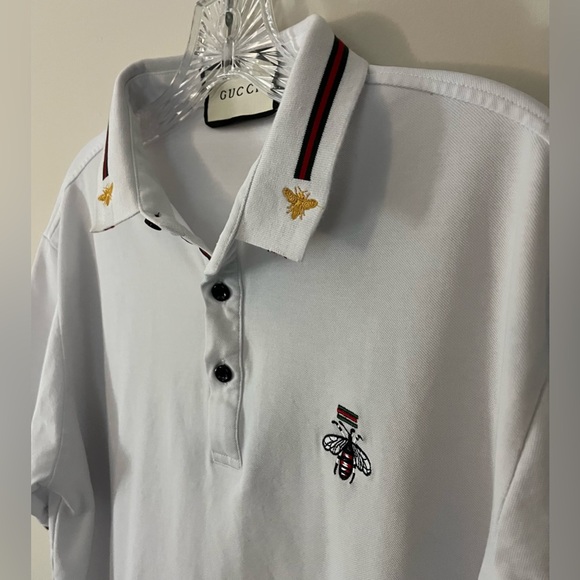 GUCCI Men’s Classic Style White Cotton Polo Shirt Embroidered Bee/Logo; Size XXL - Picture 3 of 12